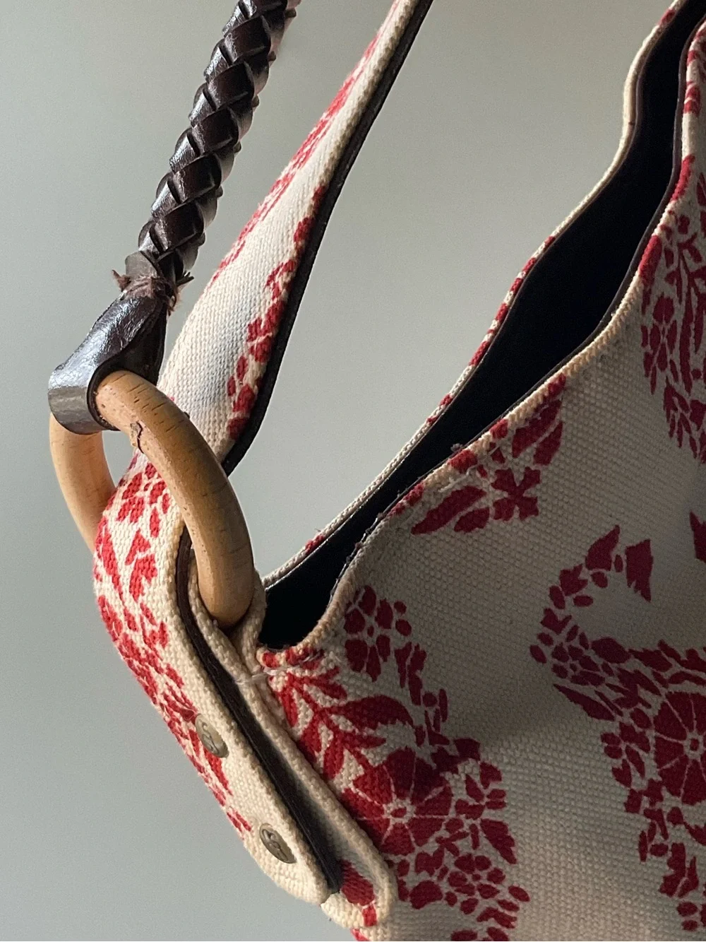 Stephanie Johnson Cream and Red Patterned Canvas Hobo Bag